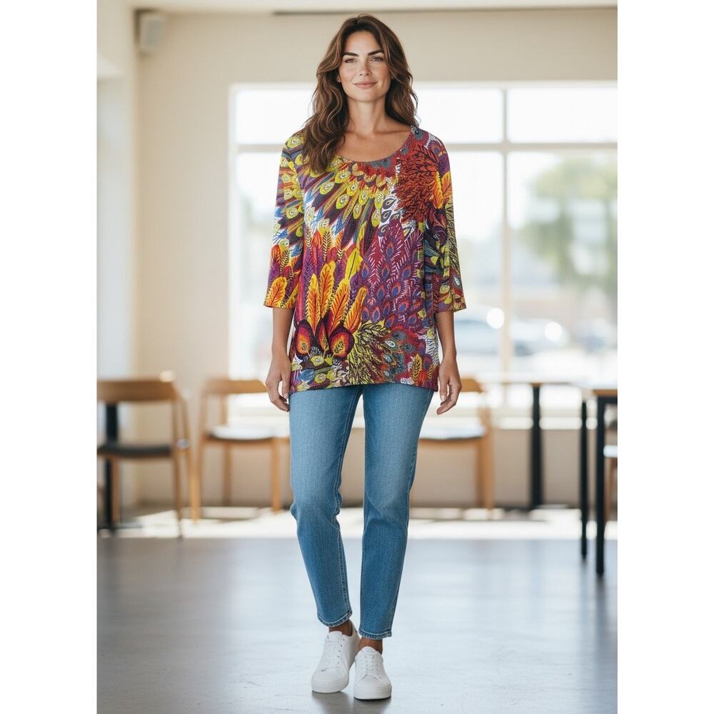 Chico's Multicolor Feather Pattern Banded Waist Women's Blouse Size 1